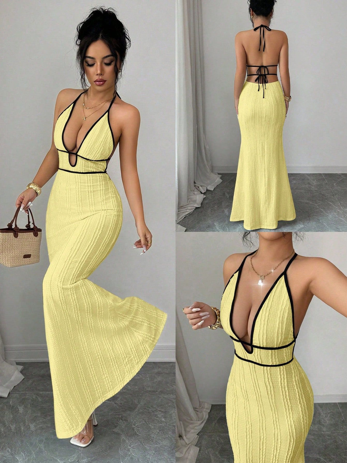 LUXURY AURA Deep V open-back fitted halter dress