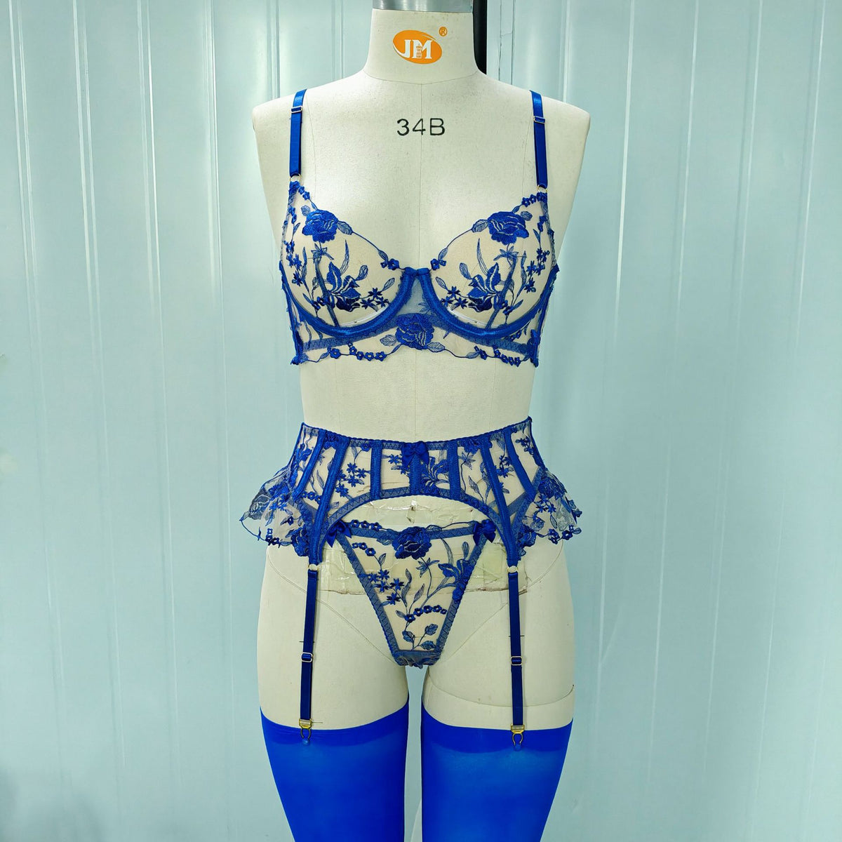 LUXURY Floral Embroidery Lingerie Set with Garter Belt