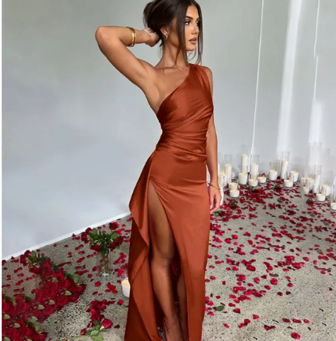 Satin One-Sleeve Slit Gown
