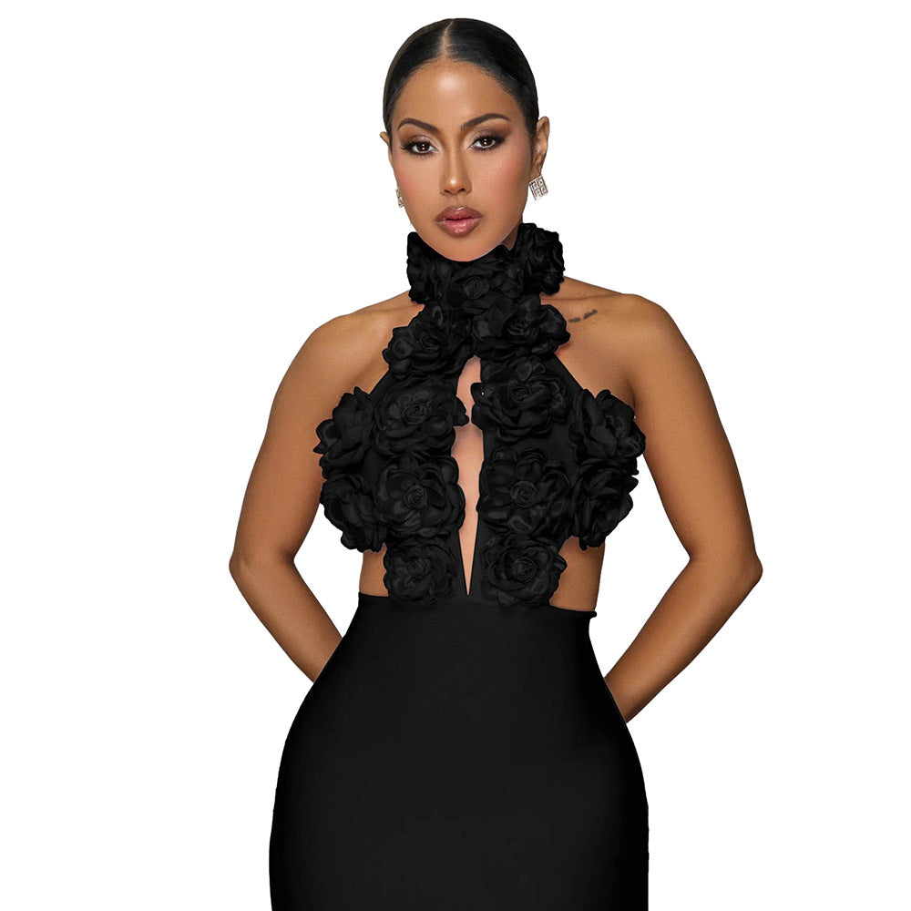 LUXURY AURA Sexy Halterneck Large Flower Evening Dress for Women