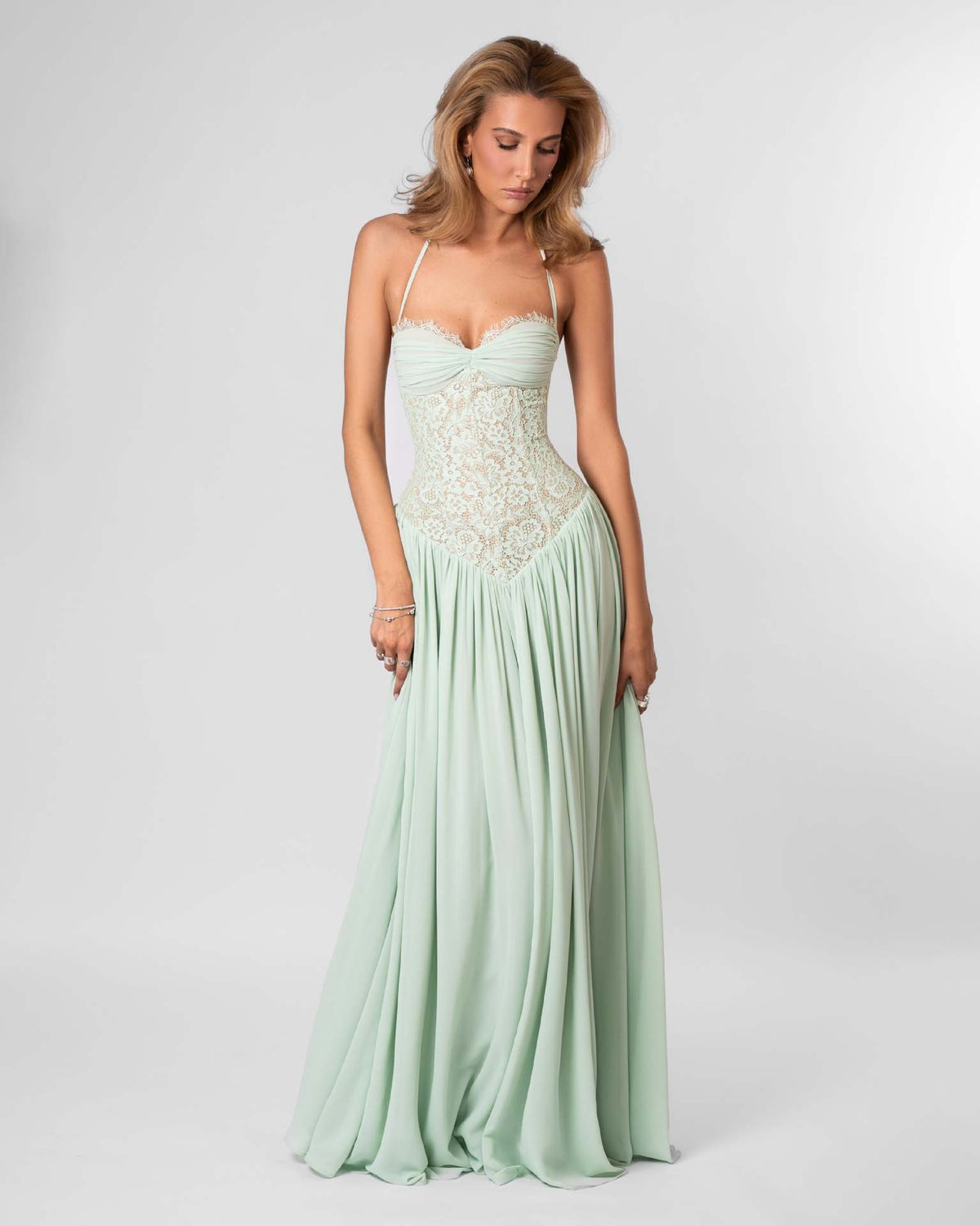 LUXURY AURA Womens Lace Ruched Bodycon Maxi Dress Deep V Neck Sleeveless Formal Evening Gown