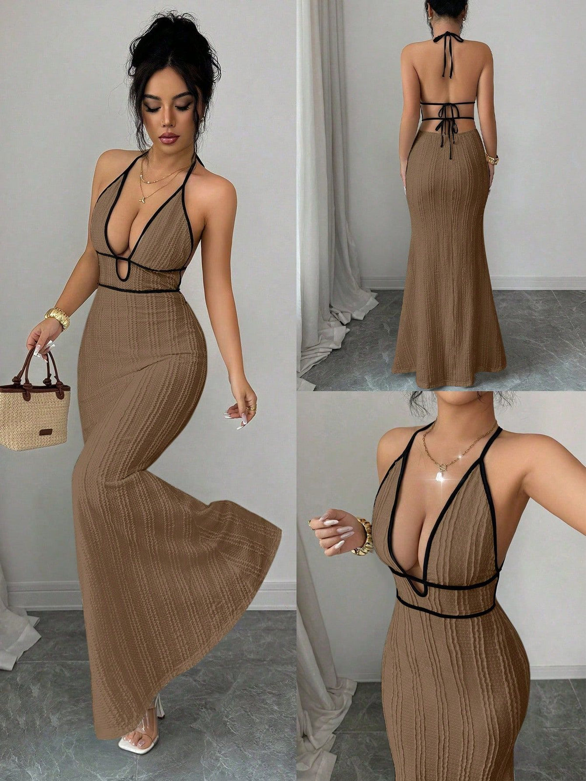 LUXURY AURA Deep V open-back fitted halter dress
