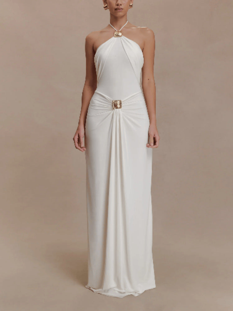 LUXURY AURA Elegant Halter Neck Long Dress with Flowing Belt