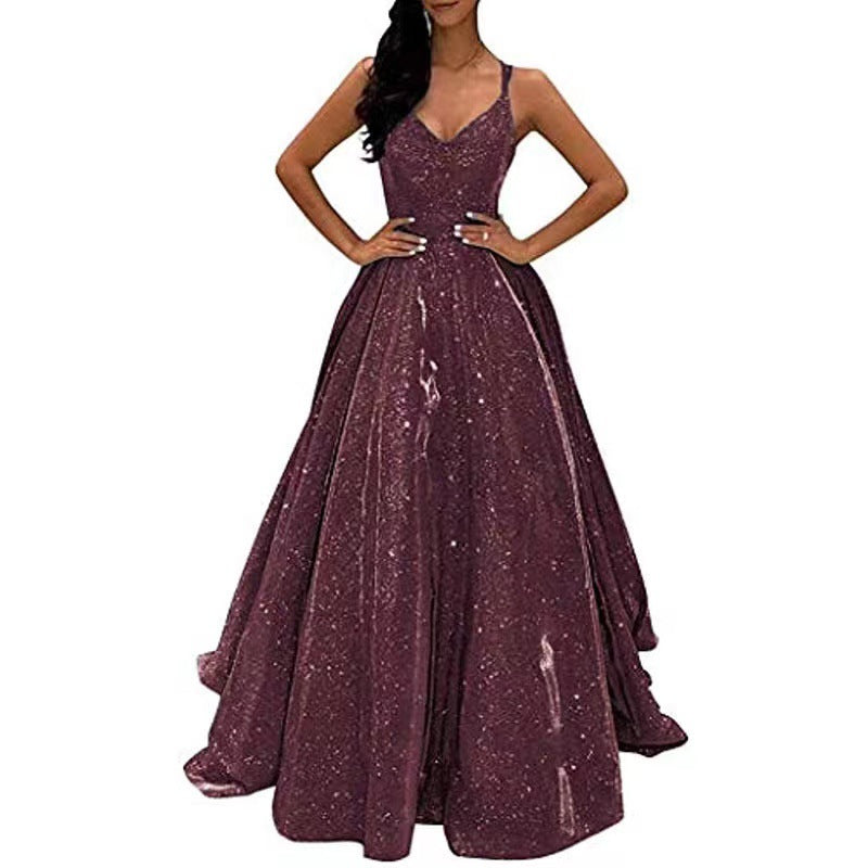 LUXURY AURA Women Sequined V-Neck Sleeveless Long Dress Evening Party Gown