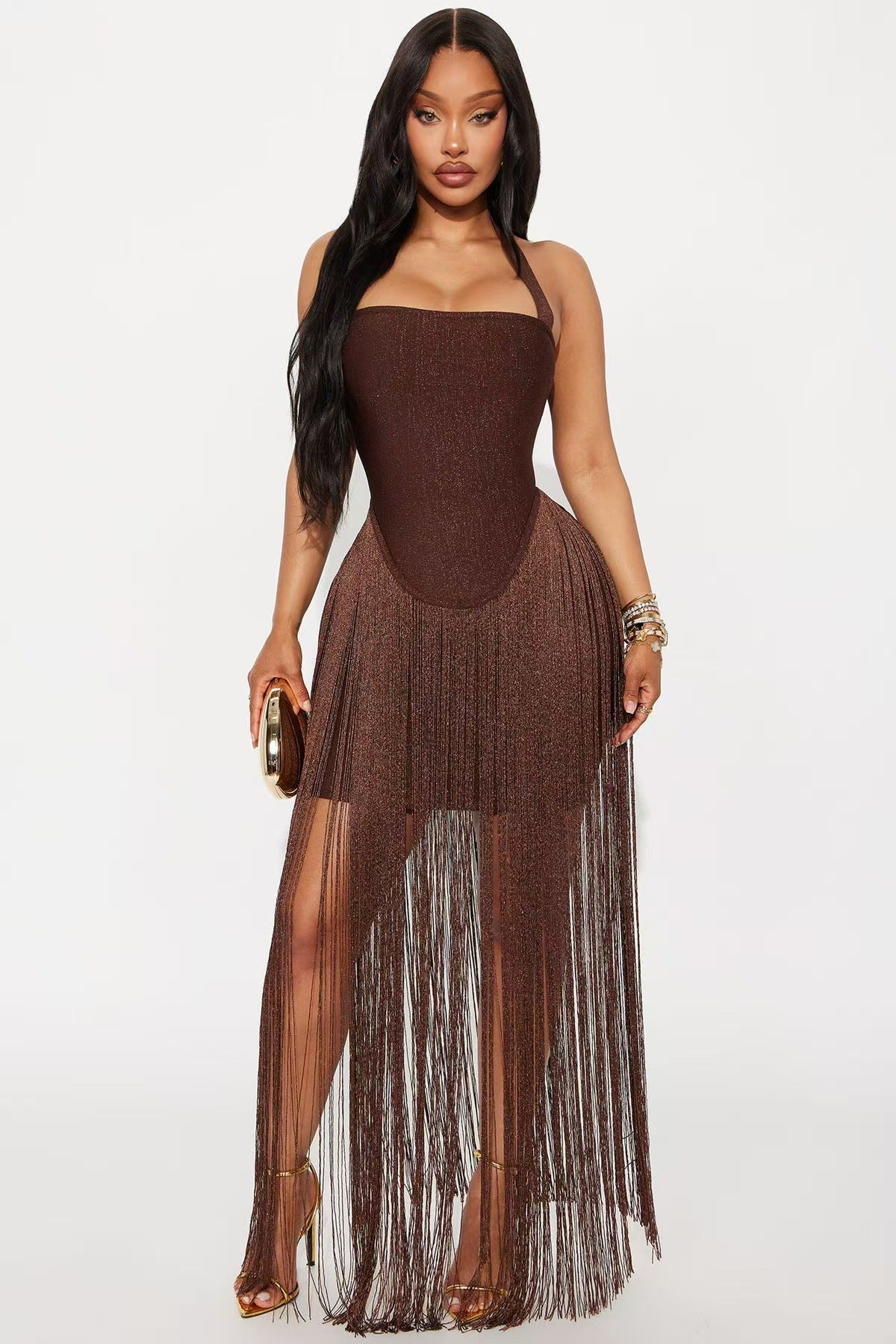 Women's Sexy Tube Top Halterneck Tassel Hip-Covering Long Skirt Dress