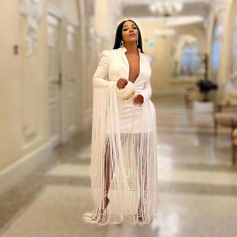LUXURY AURA Women Deep V Sexy Waist Tight Long Sleeve Fringe Dress