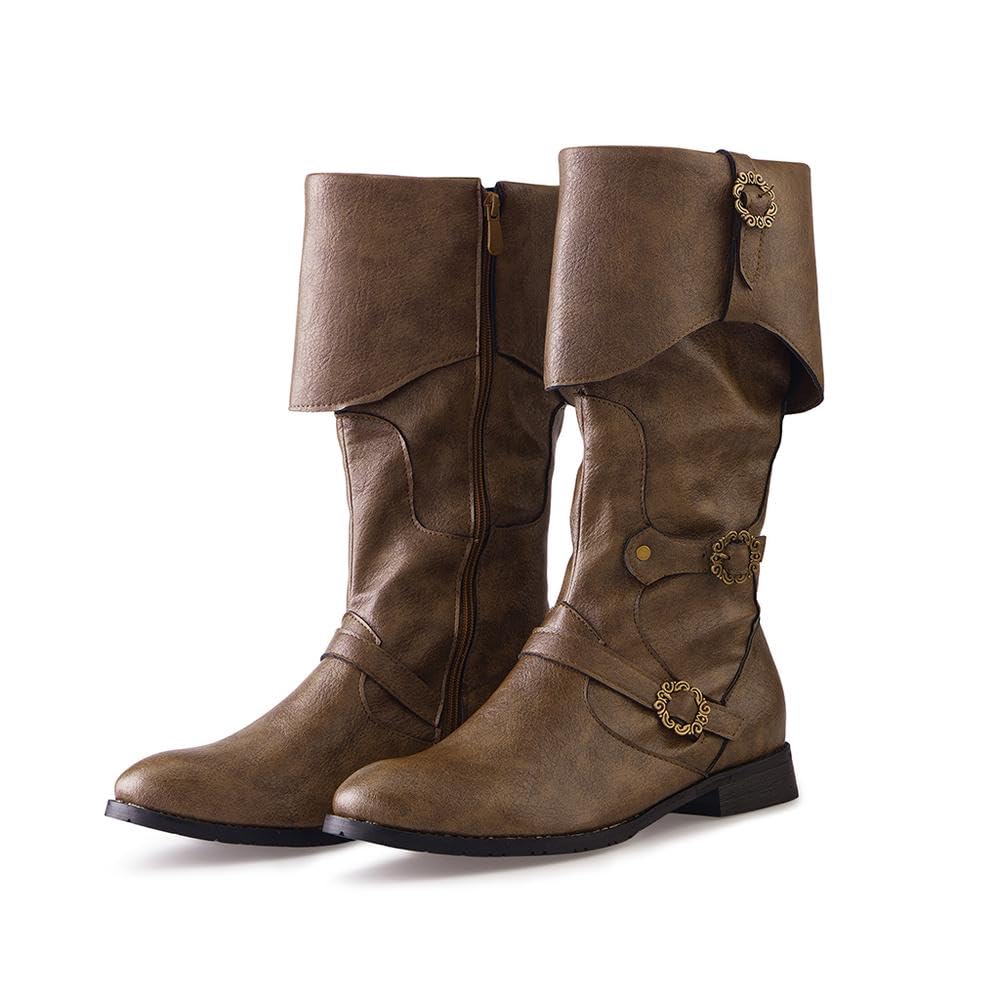 DUNHAO COS Mens Faux Leather Medieval Boots Viking Pirate Costume Boots Renaissance Faire Cosplay Shoes- Light brown US 10.5/CH 44