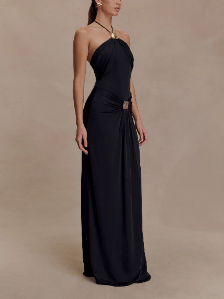 LUXURY AURA Elegant Halter Neck Long Dress with Flowing Belt