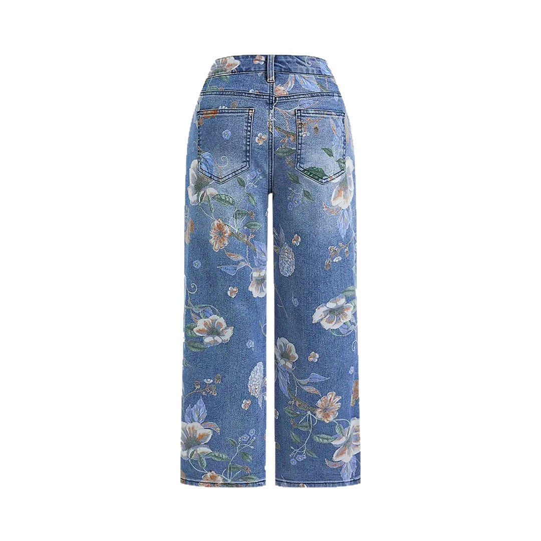 Women's Printed Denim Wide-Leg Pants