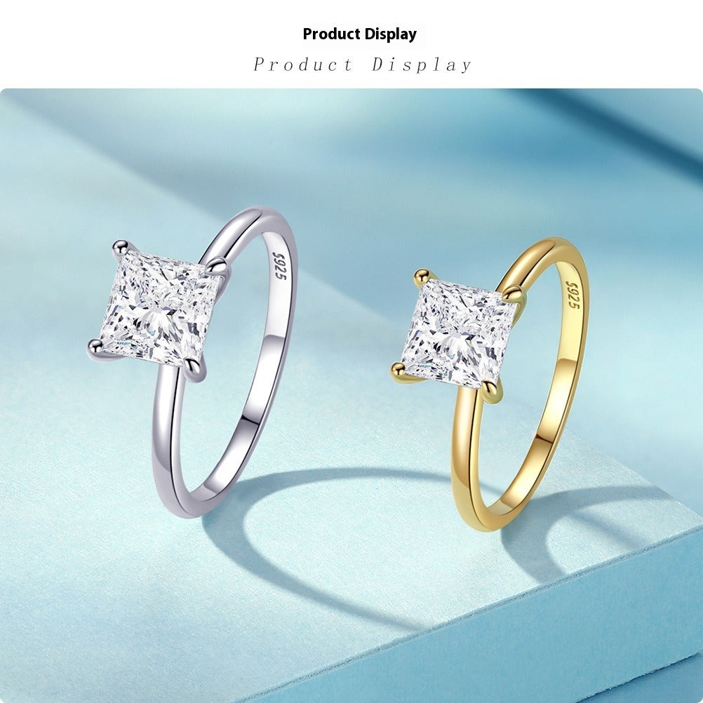 Princess-Cut Zircon Four-Claw S925 Silver Ring