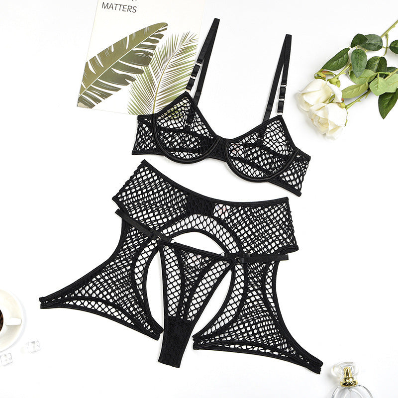 LUXURY AURA  Lingerie Set with Hollow-Out Fishnet See-Through Mesh Bra
