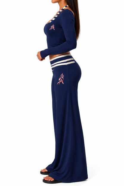 Navy blue activewear outfit with contrasting striped details
