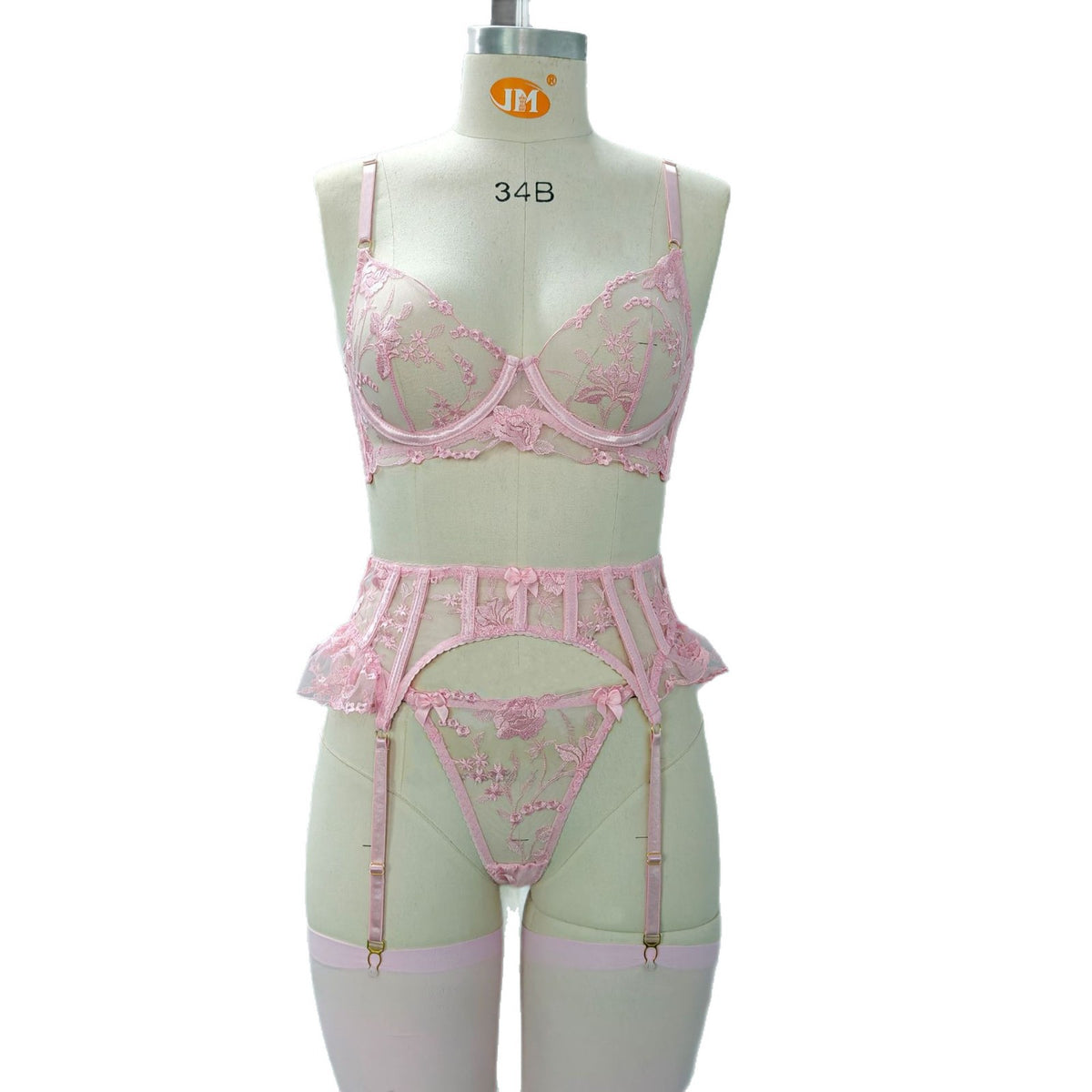 LUXURY Floral Embroidery Lingerie Set with Garter Belt
