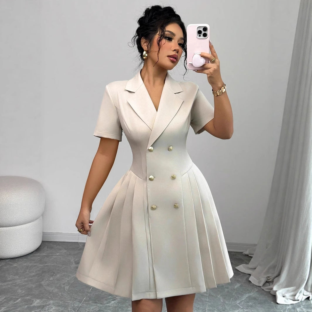 Short Sleeve Solid Color Waist Double Breasted Dress