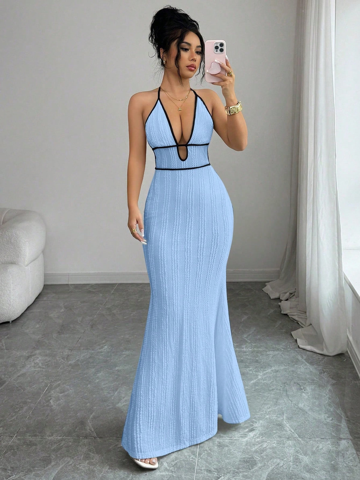 LUXURY AURA Deep V open-back fitted halter dress