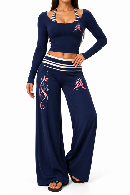 Navy blue long-sleeve crop top and wide-leg activewear pants