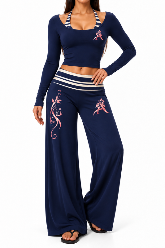 Navy blue long-sleeve crop top and wide-leg activewear pants