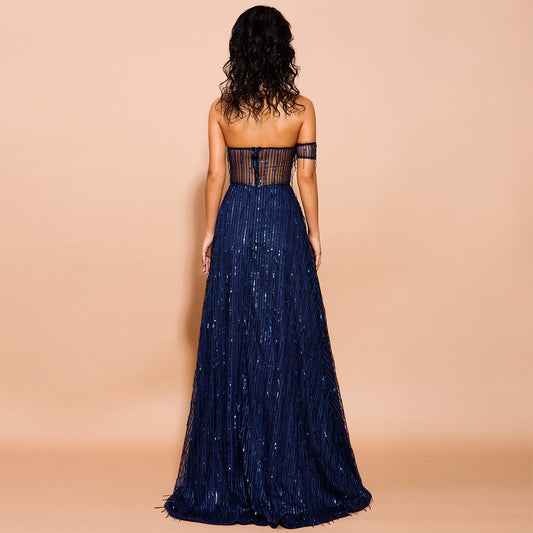 Sequined Off-Shoulder Dress with Back Fringes