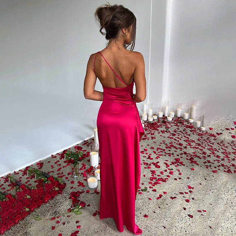 Satin One-Sleeve Slit Gown