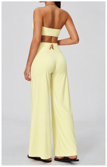Halter activewear set shown in lemon yellow and blush pink