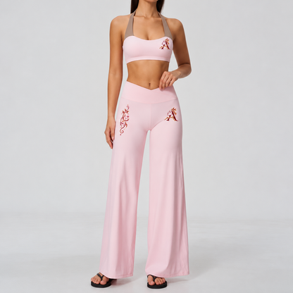 Halter-style activewear pieces shown in blush pink and lemon yellow