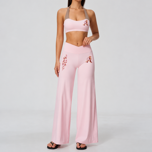Halter sports top and wide-leg pants from a coordinated activewear set