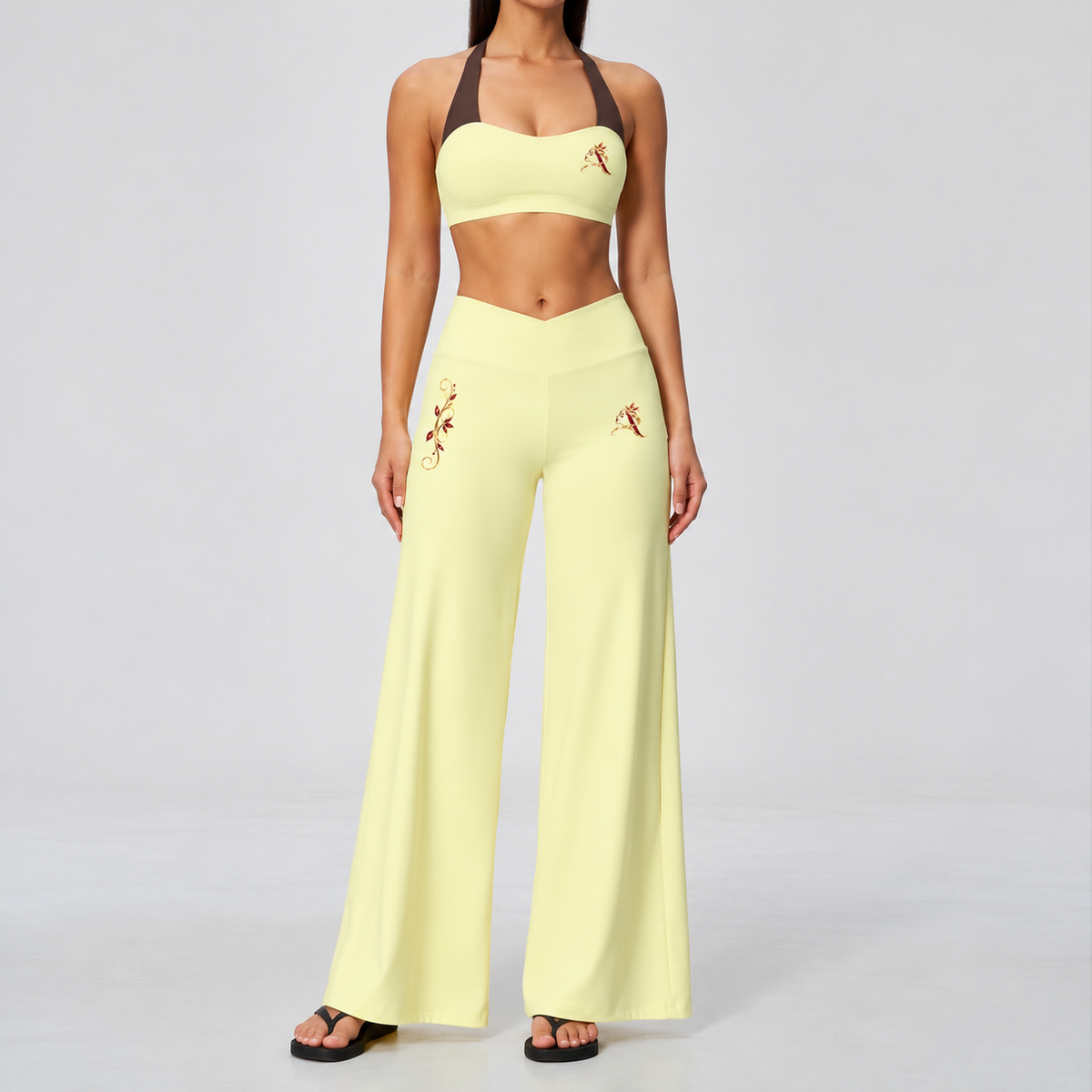 Lemon yellow halter sports top with matching high-waisted wide-leg pants