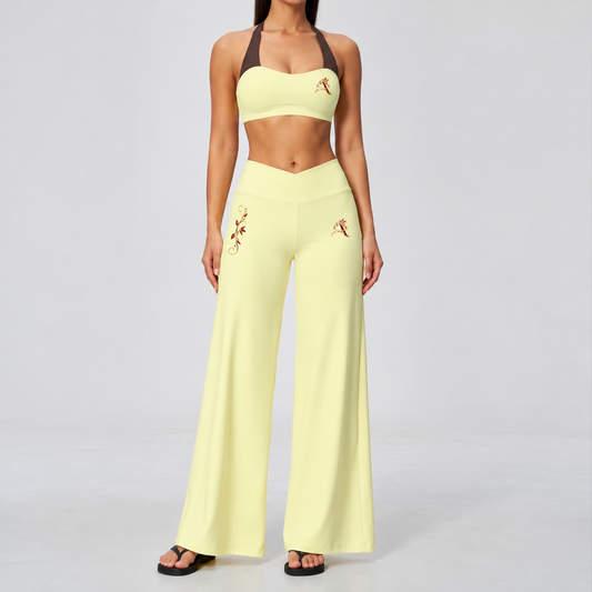 Lemon yellow halter sports top with matching high-waisted wide-leg pants
