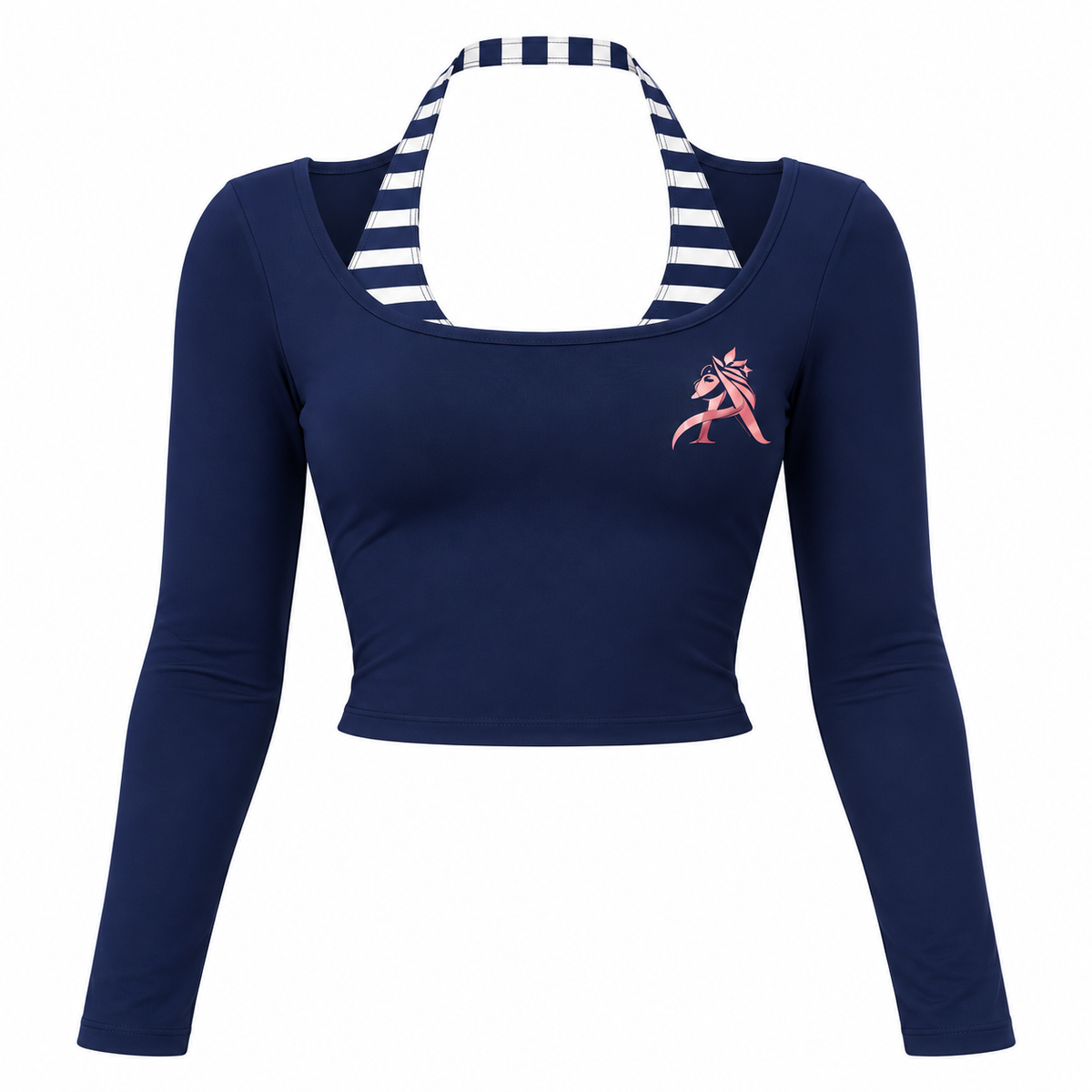 Navy blue long-sleeve crop top and wide-leg pants with cream stripes