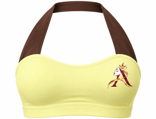 Blush pink halter crop sports top with contrasting brown straps