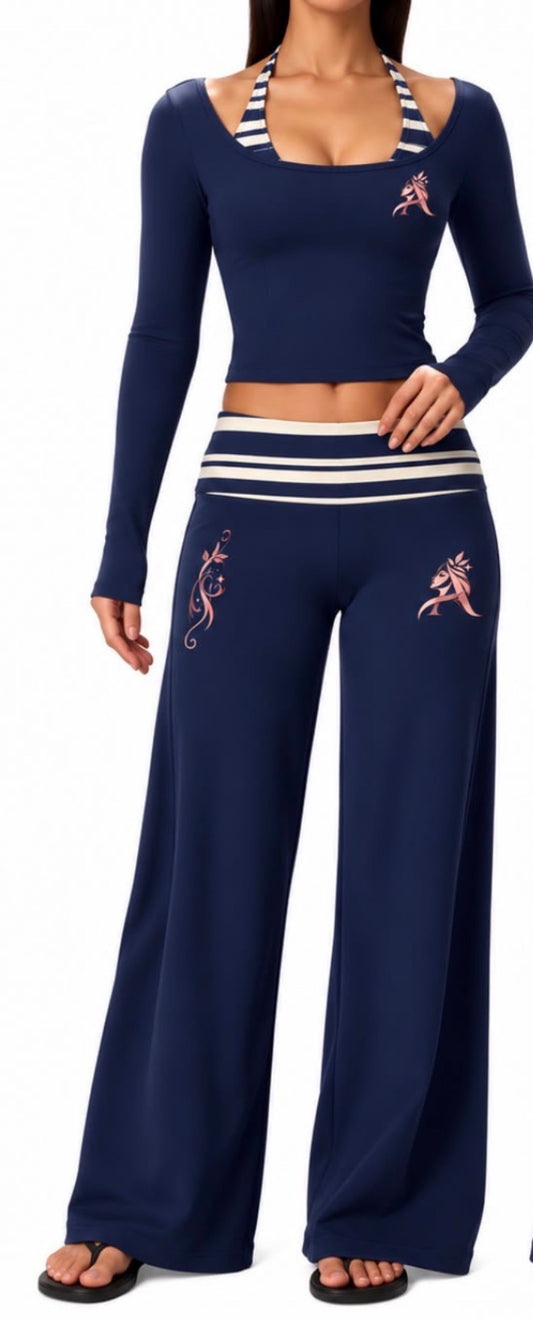Navy blue long-sleeve crop top and matching wide-leg pants with striped details