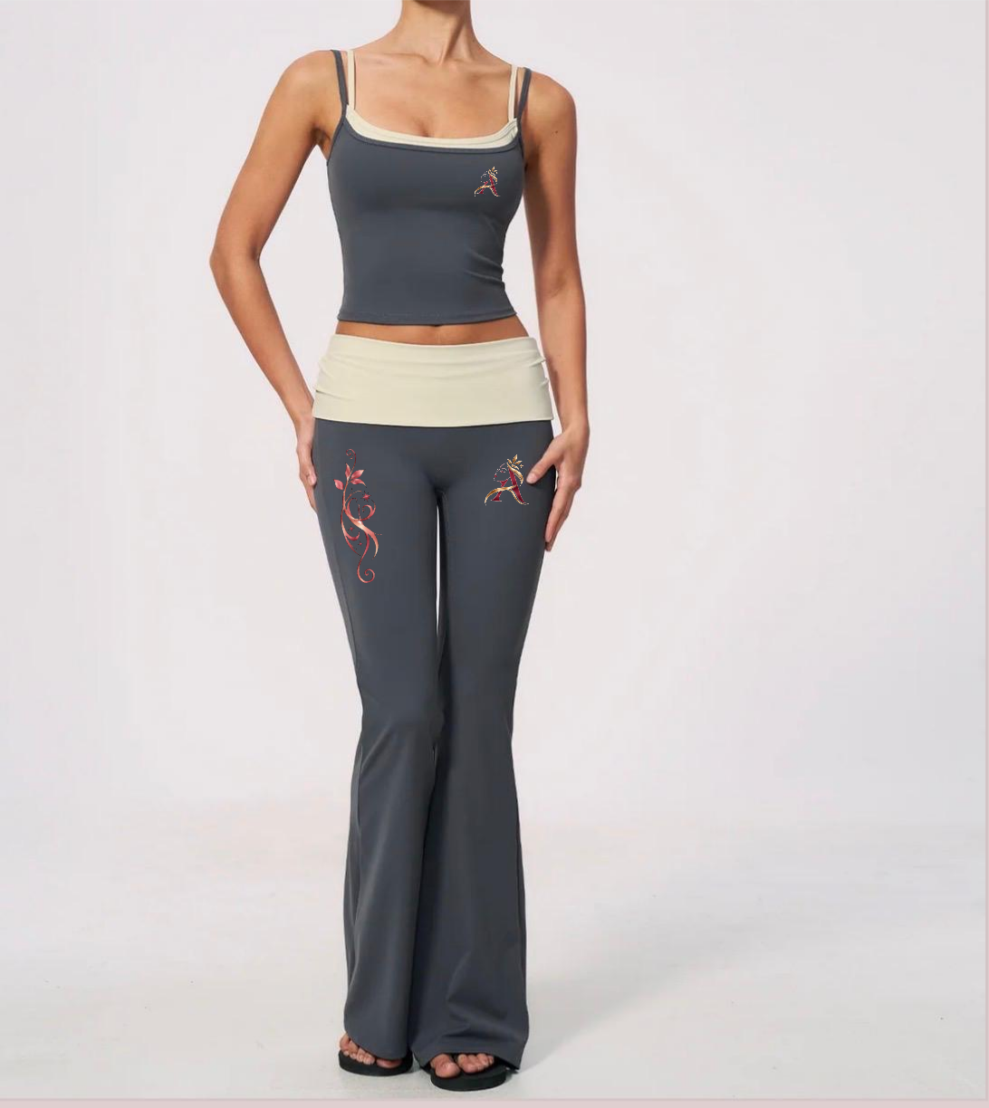 AngelauraLuxe slate gray camisole and flared pants set with cream contrast trim