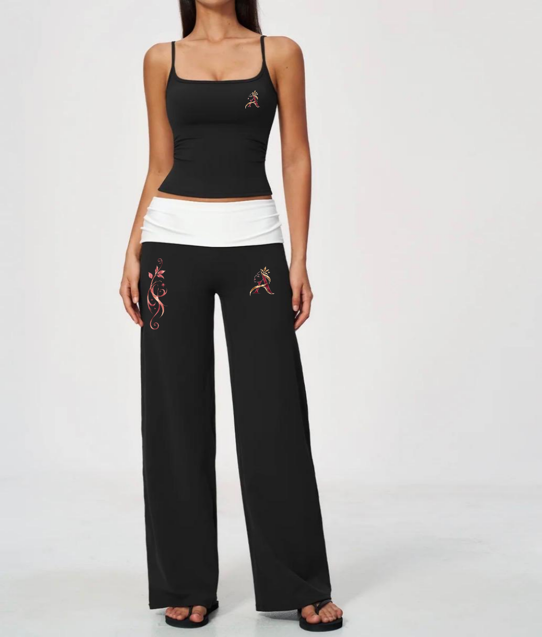AngelauraLuxe black camisole and wide-leg pants set with white foldover waistband