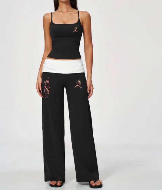 AngelauraLuxe black camisole and wide-leg pants set with white foldover waistband