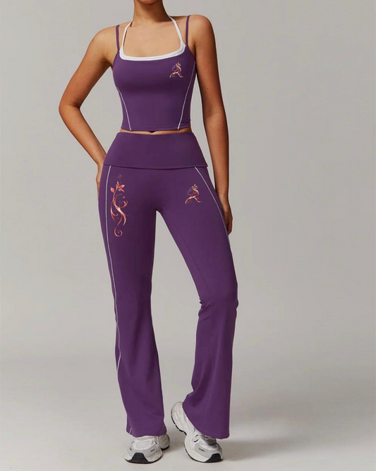 AngelauraLuxe purple contrast-trim flared activewear set