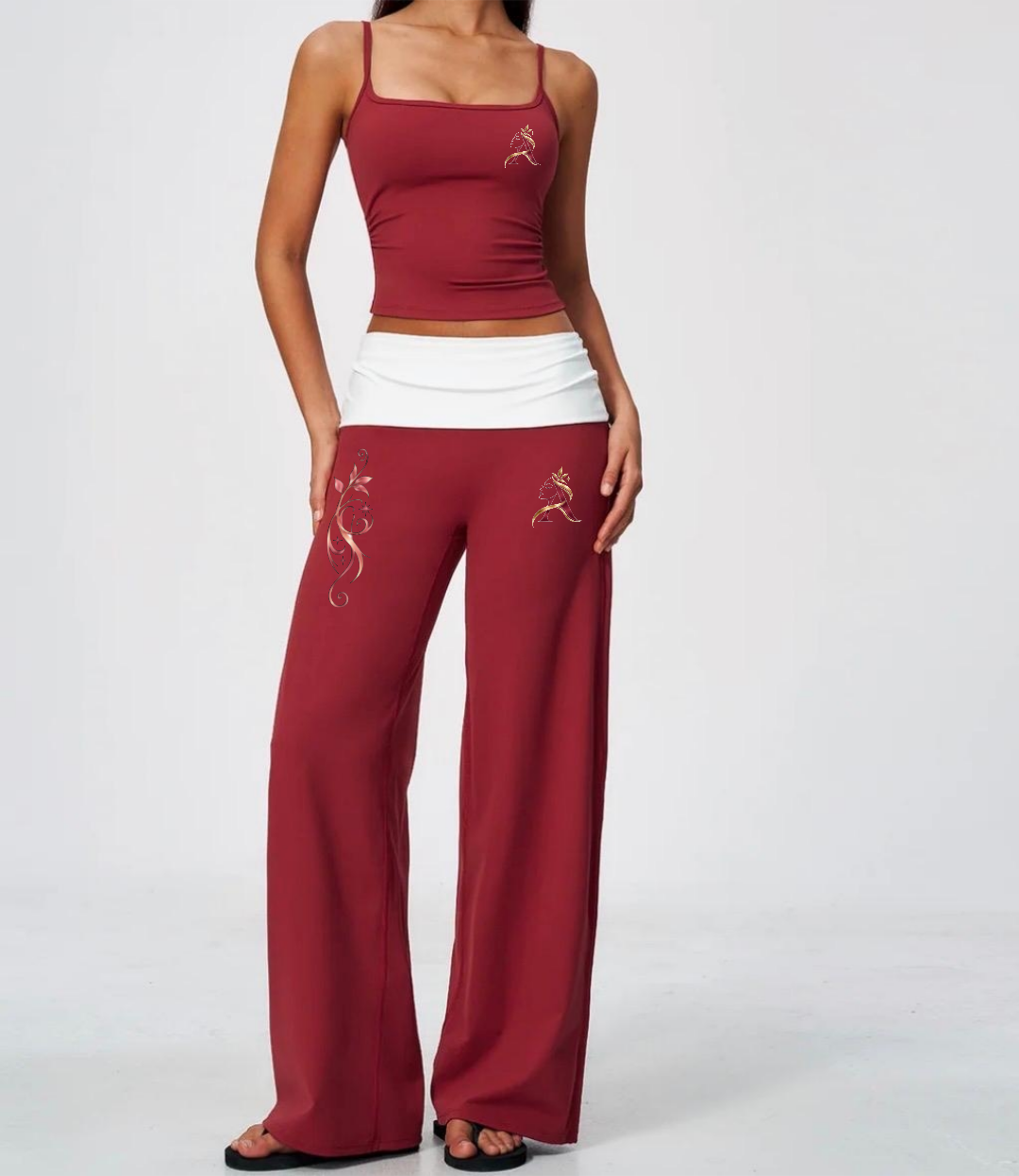 AngelauraLuxe burgundy camisole and wide-leg pants set with white foldover waistband