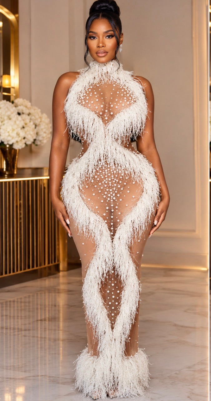 LUXURY AURA Rhinestone Feather Evening Gown