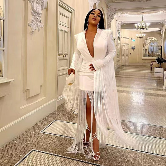 LUXURY AURA Women Deep V Sexy Waist Tight Long Sleeve Fringe Dress