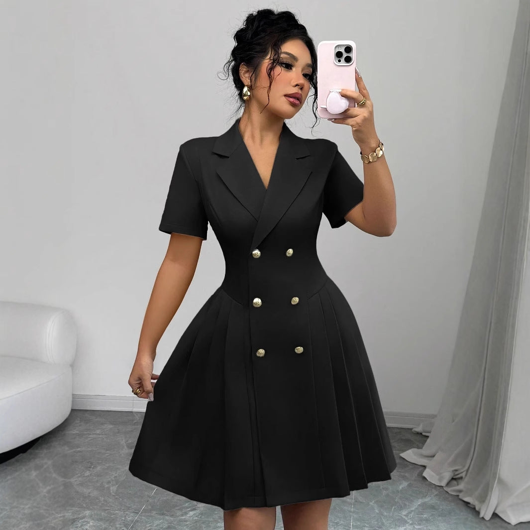 Short Sleeve Solid Color Waist Double Breasted Dress