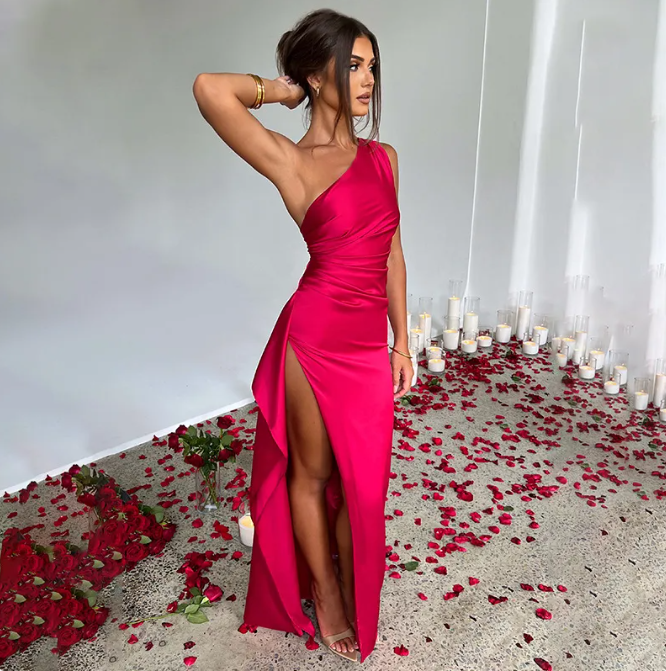 Satin One-Sleeve Slit Gown