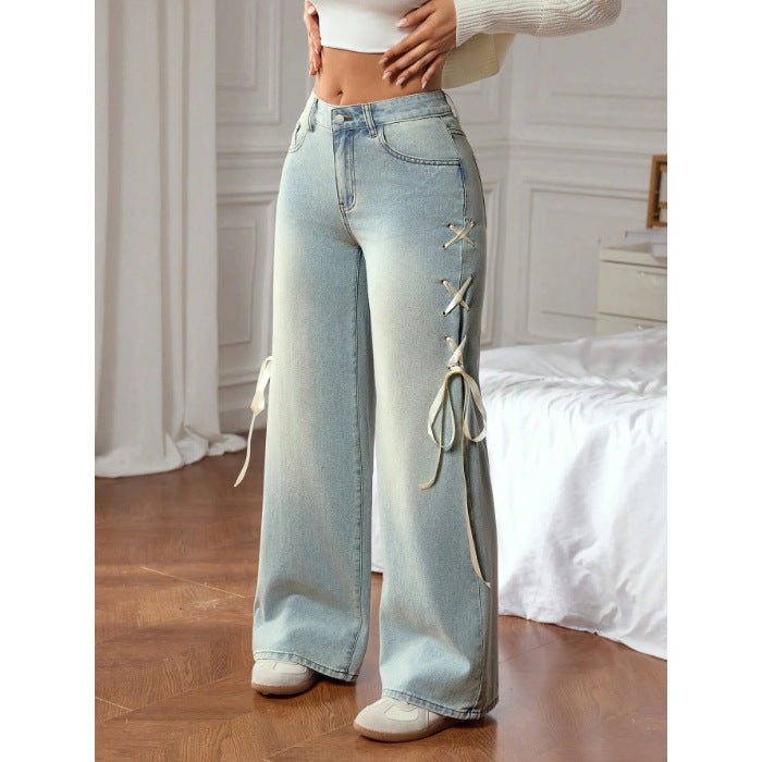 Luxe Women's Wide-Leg Denim Jeans with Side Ribbon