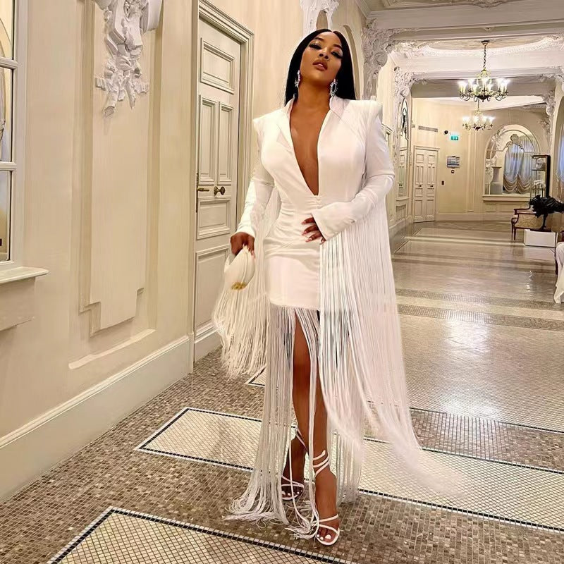 LUXURY AURA Women Deep V Sexy Waist Tight Long Sleeve Fringe Dress