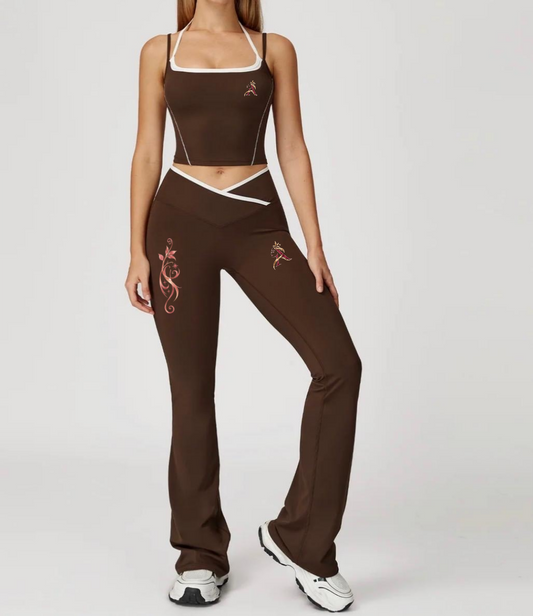 Brown contrast-trim crop top and flared leggings activewear set with Angelauraluxe branding