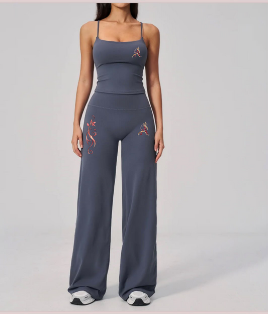 Slate blue fitted tank and wide-leg pants matching activewear set with Angelauraluxe logo