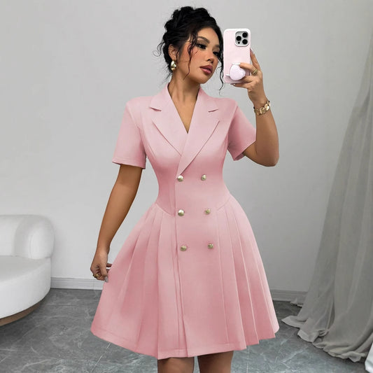 Short Sleeve Solid Color Waist Double Breasted Dress