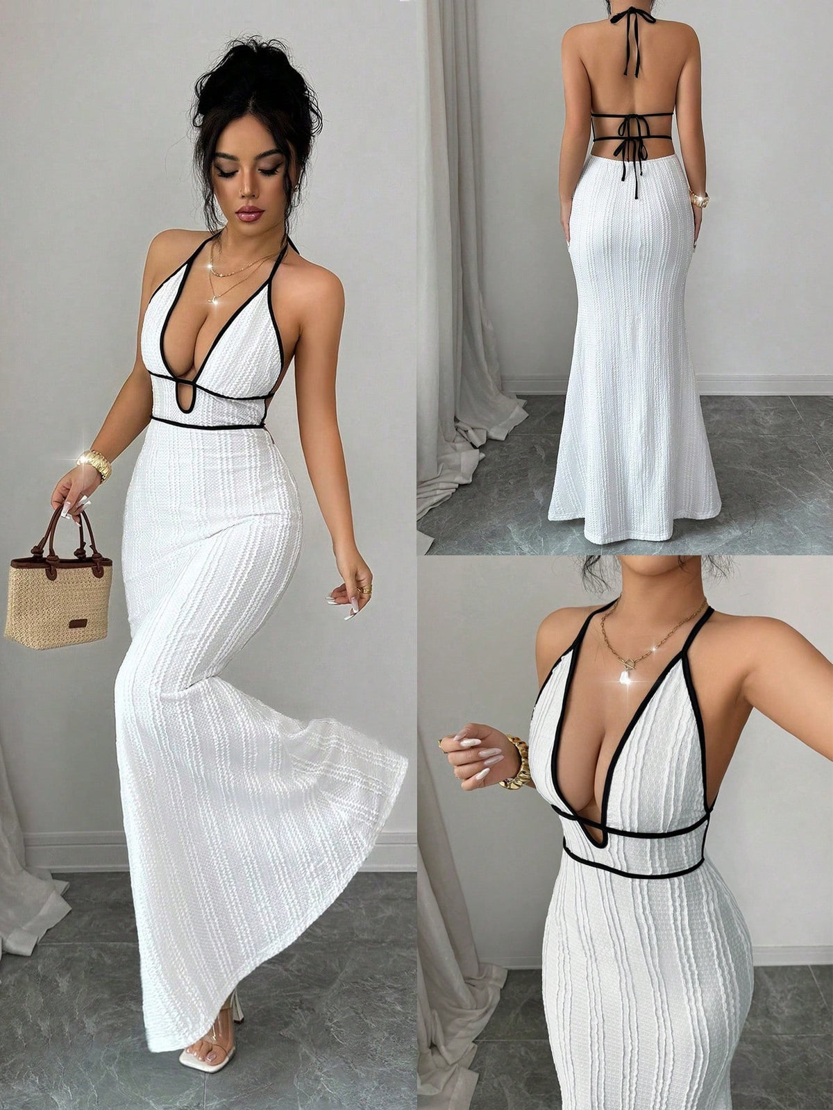 LUXURY AURA Deep V open-back fitted halter dress