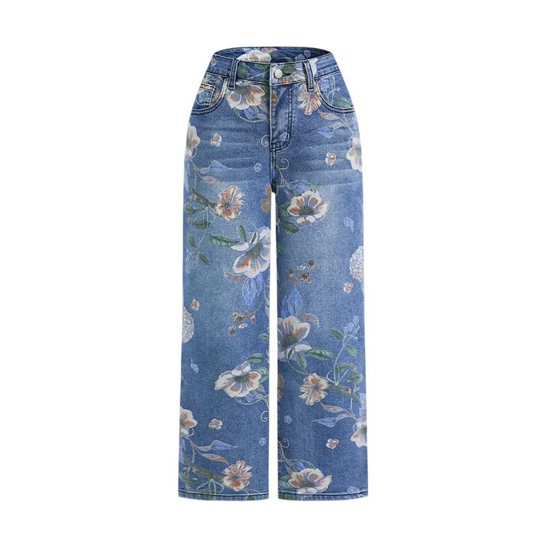 Women's Printed Denim Wide-Leg Pants