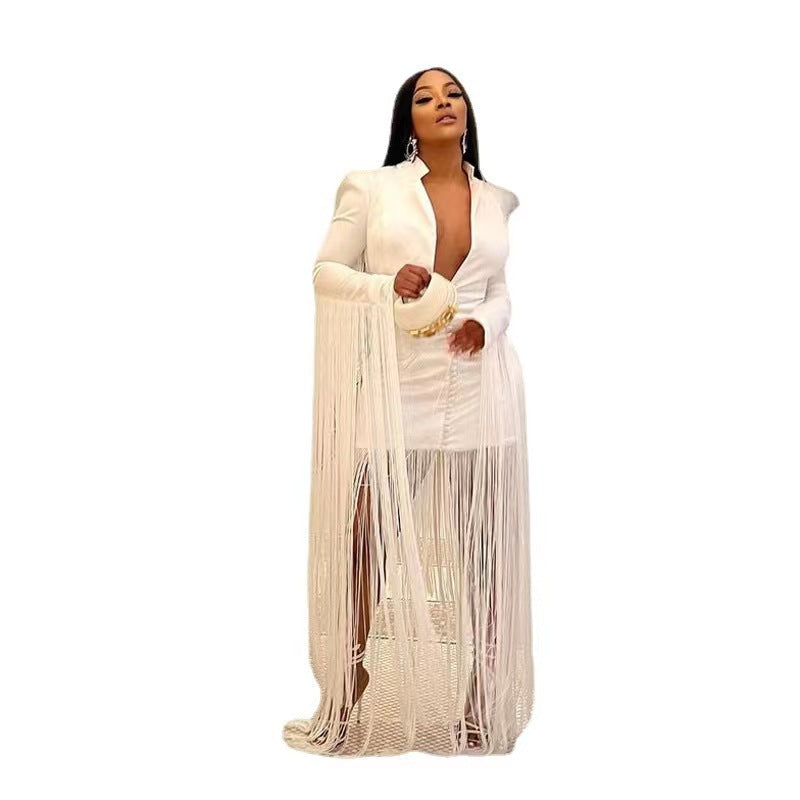LUXURY AURA Women Deep V Sexy Waist Tight Long Sleeve Fringe Dress