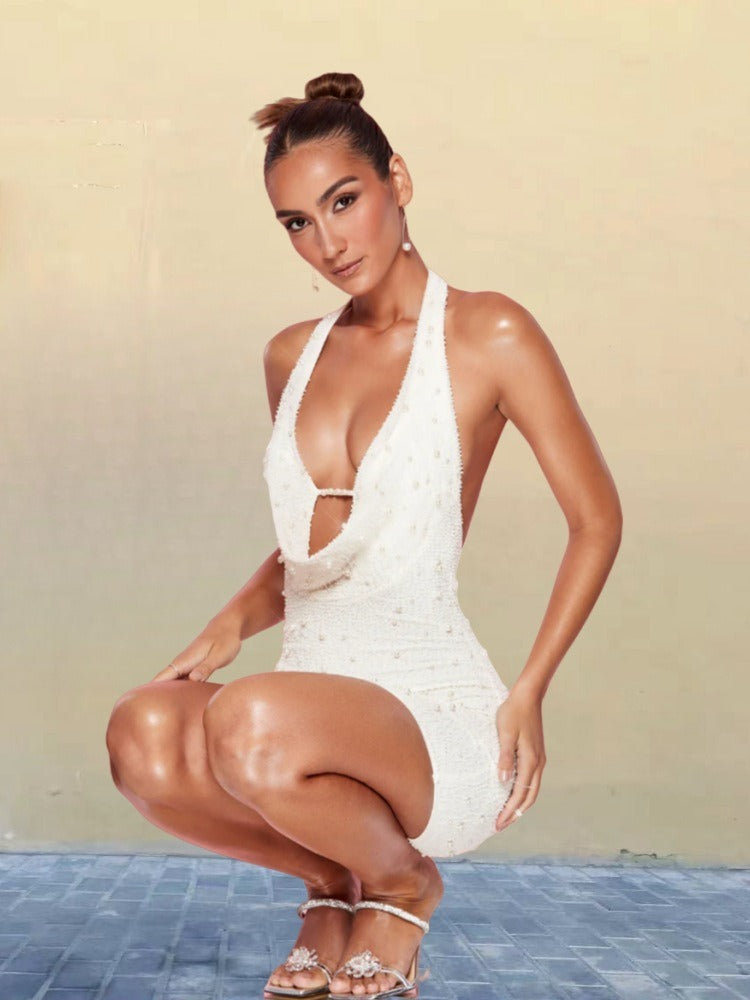 Beaded Cut-out Halter Sheath Mini Dress