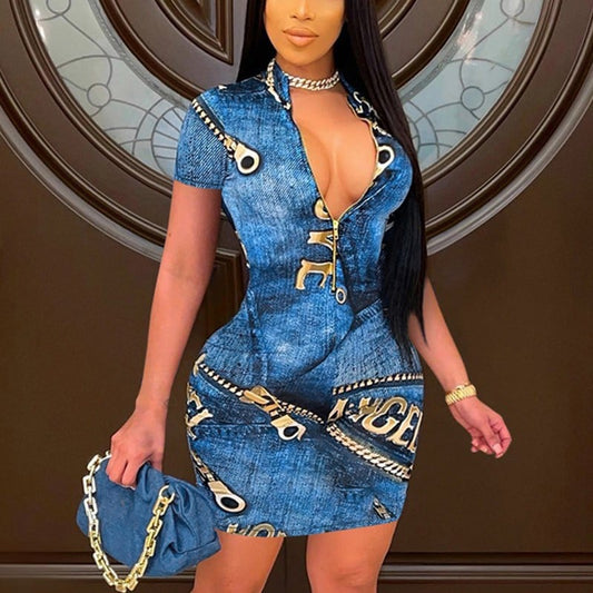 V-neck Zipper Printed Short-sleeved Dress for Women